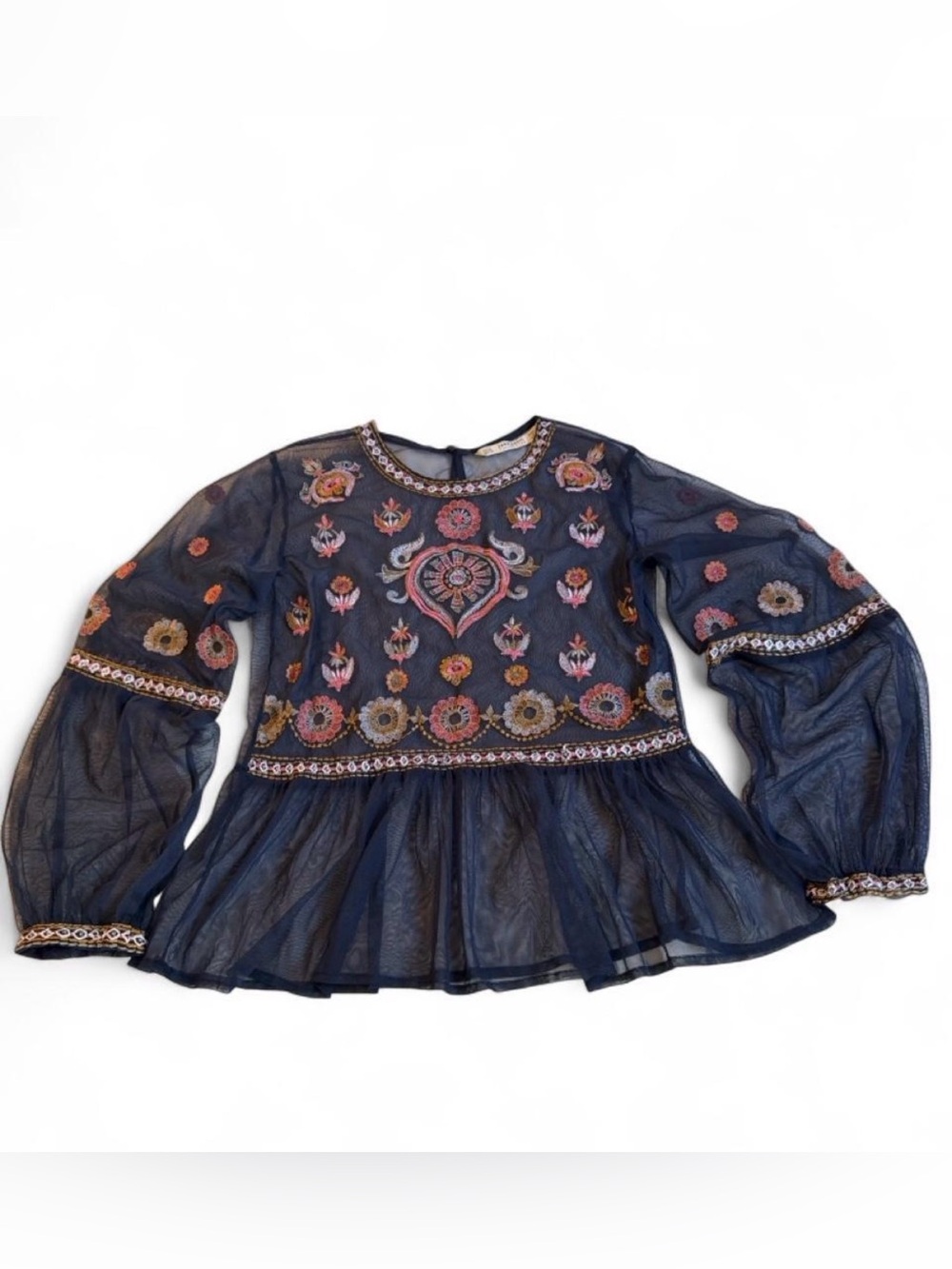 Zara Navy Mesh Embroidered Peplum Blouse